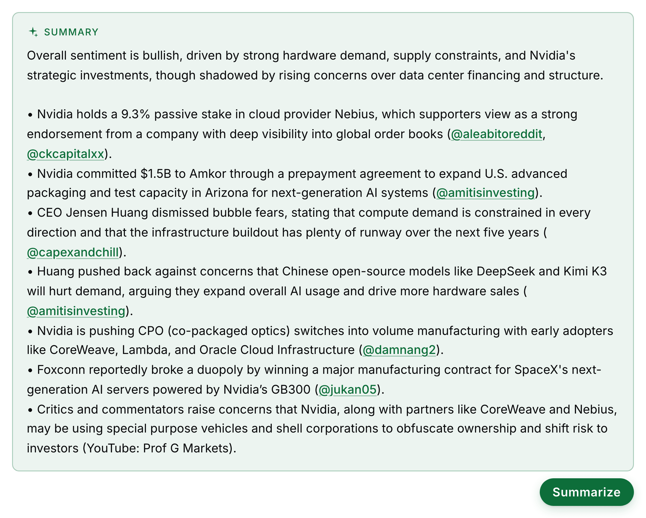 The NVDA ticker page: a summary of every tracked mention with @handle citations, above the mentions feed heading.