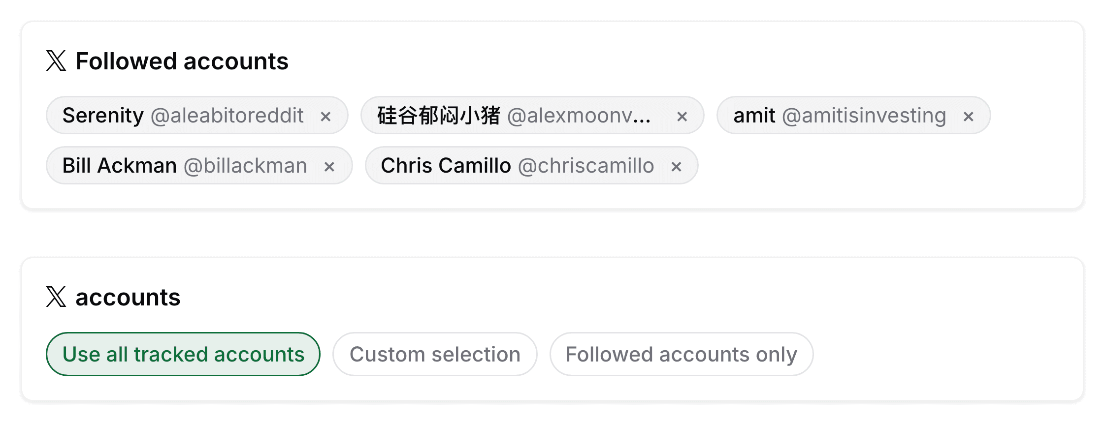 The preferences page showing followed-account chips and the selector for using all tracked accounts, a custom selection, or followed accounts only.