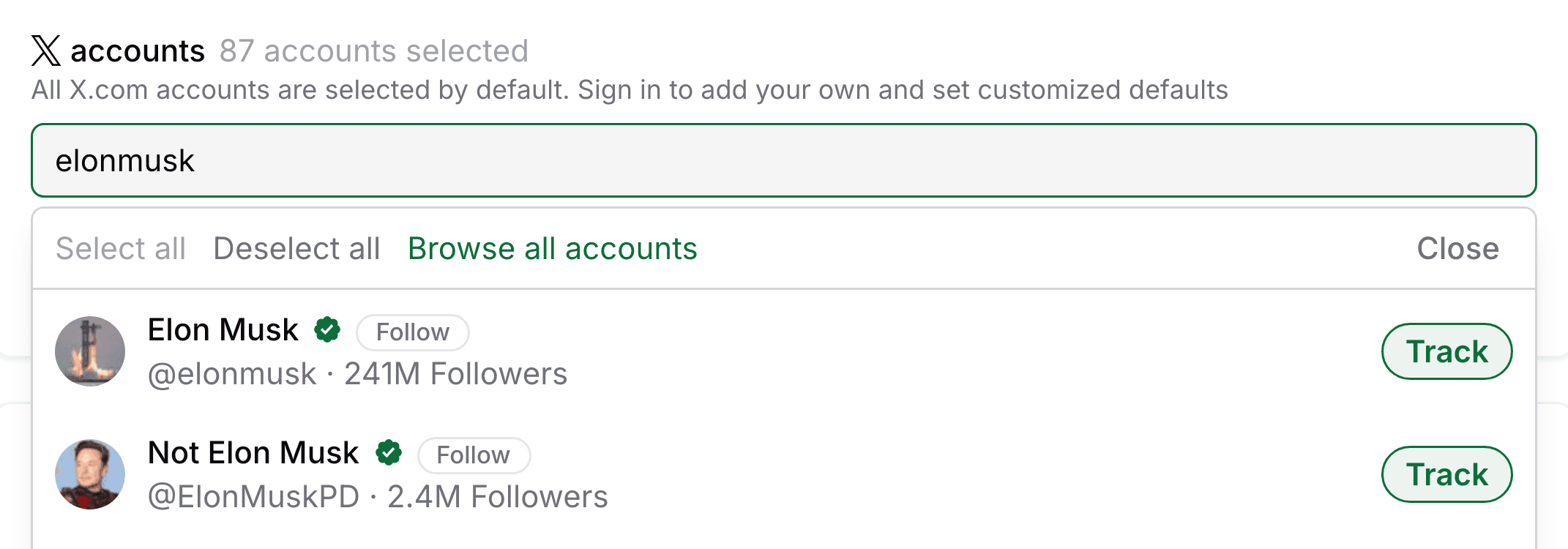 The account search on the ask console with elonmusk typed in, showing Elon Musk's row and a Track button.